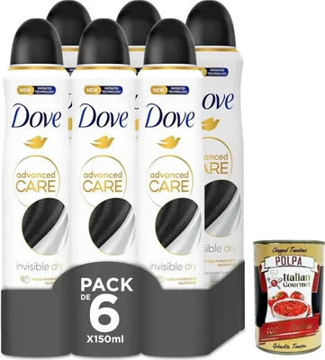 Produktbild von Dove deo Advanced Care Deodorant original Invisible Dry, deo Mit feuchtigkeitsspendenden und empfindlichen Formel,ohne Alkohol, 72 Stunden, 6x 150 ml + Italian Gourmet polpa 400g