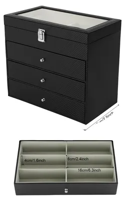 Image de Vitrine pour bijoux, 4 niveaux, avec couvercle en verre, organisateur avec 24 compartiments, couleur noire