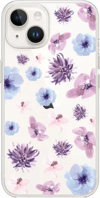 Produktbild von Flexible Hülle für das iPhone 13 Mini, TPU Silikon transparent, blaue und violette Blumen, im Aquarellstil