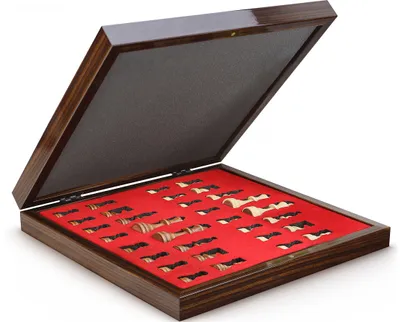 An open wooden chess box with chess pieces inside, arranged on a red felt lining.