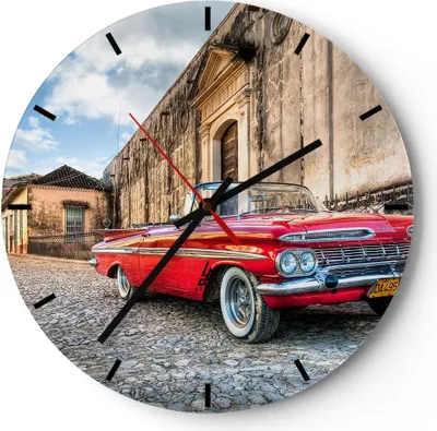 Produktbild von Wanduhr - Rund - Glasuhr - Auto Klassiker Kuba Chevrolet - 40x40cm - Schleichendes Uhrwerk - Lautlos - zum Aufhängen bereit - Dekoration Modern - Wanddekoration aus Glas - C3AR40x40-0506
