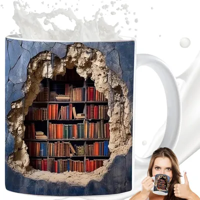 Productafbeelding van Koffiekop boekenplank, 3D keramiek, 300 ml, wit. Cadeau voor boekenliefhebbers