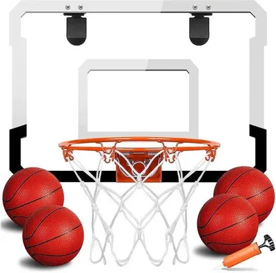 Produktbild von Unyqoos® Mini-Basketballkorb für Innen – einklappbarer Ring (Stahlrahmen), Feder bis 60°, Tür- & Wandaufhängung, inkl. 4 Mini-Bälle & Pumpe