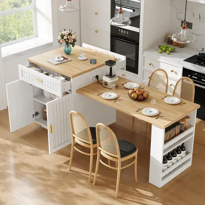 Produktbild von Flieks Ausziehbare Kücheninsel mit integrierter Steckdose, 1 Schublade, Einlegeböden, Servierwagen, Speisewagen 121.5-192x70x92cm, Weiß