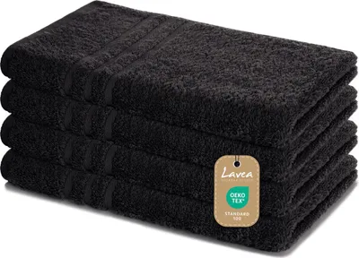 Produktbild von Lavea® 4er Set Handtuch 50x100 cm – Saugstarke und Weiche Handtücher aus 100% Baumwolle, Frottierserie Elena – Waschbar und Strapazierfähig - Schwarz
