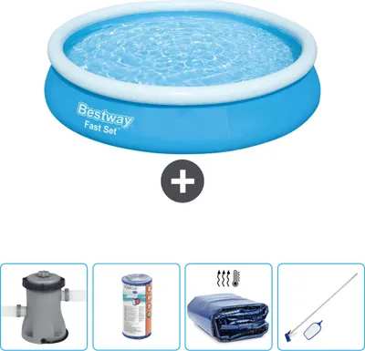 Produktbild von Bestway runder aufblasbarer Fast-Set-Schwimmpool – 366 x 76 cm – Blau – inklusive Pumpe Filter - Sonnensegel - Reinigungskit