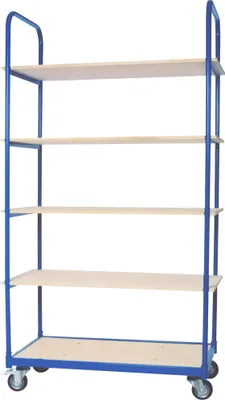 Produktbild von Etagenwagen, 5 Etagen, LxBxH 1050 x 500 x 1880 mm, 2 Bockrollen, 2 Lenkrollen mit Feststellbremse