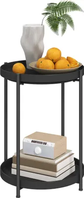 Produktbild von Runder Beistelltisch mit Regalboden, 2-stufiger Kaffeetisch für Wohnzimmer, Schlafzimmer, kleine Räume, Metall, Schwarz