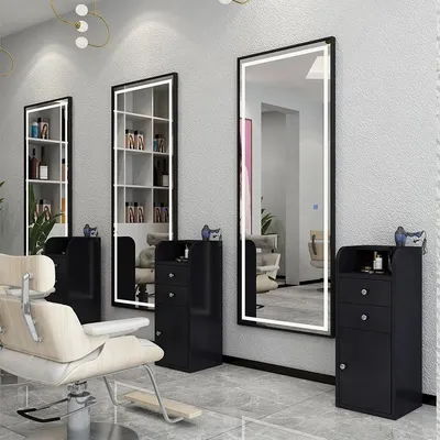 Produktbild von Friseur-, Barber- & Kosmetikkonsole mit LED-Spiegel 180x70 cm, schwarz