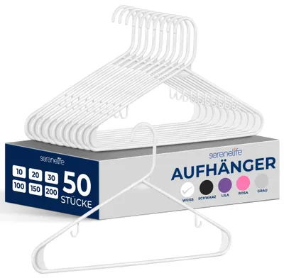 Imagen del producto de Perchas SereneLife de plástico, 50 unidades, color blanco. Perchas para ropa, ahorran espacio y son antideslizantes, de 42 cm de largo. Ideales para camisas, pantalones y vestidos. Fabricadas en plástico resistente y duradero