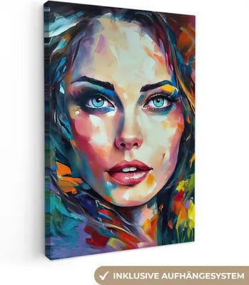 Produktbild von MuchoWow® - Leinwandbilder - Gesicht - Frau - Ölfarbe - Farbenfroh - Kunst, Wandbild, Wanddeko Bilder Wohnzimmer, 60x90 cm