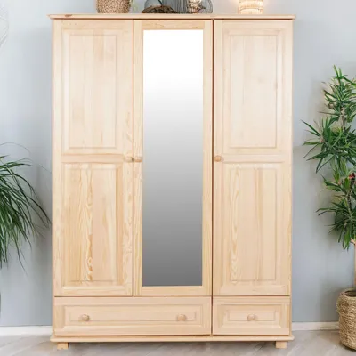 Produktbild von Kleiderschrank Holz natur 3-türig 190x133x60 cm mit Kleiderstange und 2 Schubladen