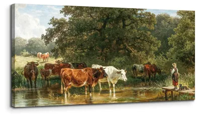 Obrázok produktu pre Obraz na plátne „Kravy pijú vodu“, 50 x 100 cm, veľký nástenný obraz, estetický