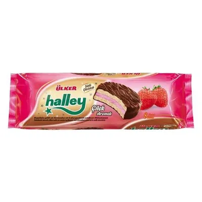 Produktbild von Ülker Halley Strawberry – Marshmallow-Keks mit Erdbeerfüllung & Milchschokolade, 8 Riegel à ca. 30 g, 240 g