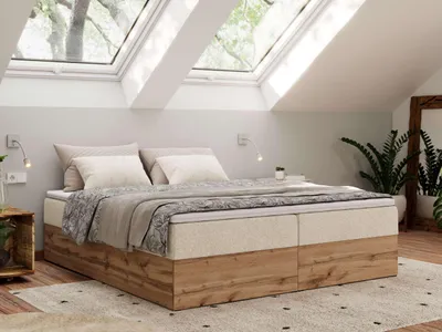Produktbild von MKS MEBLE Boxspringbett, Polsterbett WOOD ZERO ohne Kopfteil, mit Stauraum & Bettkasten, 7-Zonen-Taschenfederkernmatratze, modernes Doppelbett in Holzoptik - Creme Strukture - H3 - Topper T25