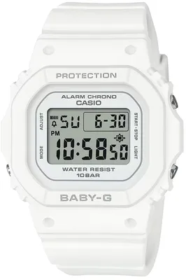 A white Casio Baby-G digital watch is shown from the front against a white background.