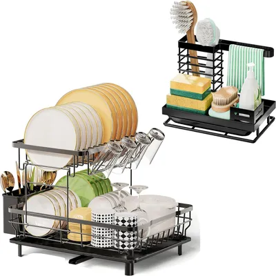 Produktbild von 2-in-1 Set, Abtropfgestell, Spülen-Organizer, 360° Abfluss-System, Rostfreier Kohlenstoffstahl, Geschirrständer, Besteckhalter, Messerblock, Schwarz