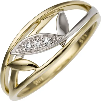 Produktbild von Ring Damenring, Blätter mit 3 Diamant Brillanten, 585 Gold Gelbgold Weißgold Innenumfang 60mm  Ø19.1mm