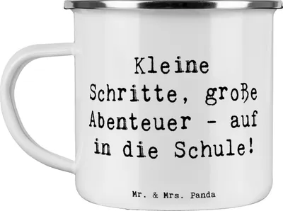 Produktbild von Mr. & Mrs. Panda Pott Spruch Schulanfang Abenteuer - Weiß - Geschenk, Mut, Vertrauem, Teetasse, Blechtasse, Hoffnung, Glücksbringer, Campingtasse, Emaille Tasse, becher