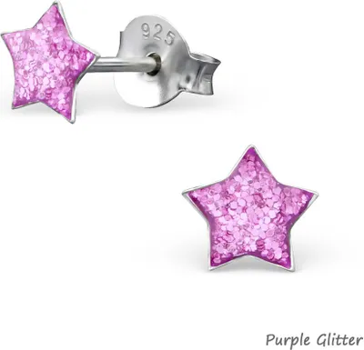 Produktbild von Stern Ohrringe: Kinder Glitzer Sternchen Ohrstecker Silber 925 Purple Glitter