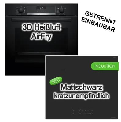 Produktbild von Herdset Bosch Einbaubackofen AirFry EcoClean + keenberk Induktionskochfeld Booster Touch-Slider matt