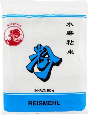 A bag of rice flour with branding and text.