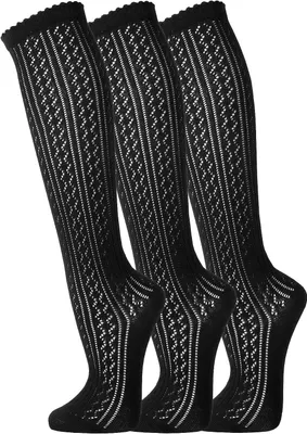 Produktbild von FussFreunde 3 Paar Damen Trachtenstrümpfe, Häkellook Kniestrümpfe, Schwarz, Größe 35-38