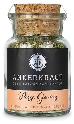 Zdjęcie produktu dla Ankerkraut Pizza Gewürz, Przyprawy w proszku, Czarny pieprz, Oregano, Zwykła papryka, Sól morska, Słodka papryka, Środek konserwujący, 45 g, Słoik, 1 szt.