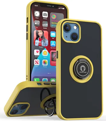 Produktbild von iPhone 15 Plus Hülle, Ring Halter Ständer Matte Transluzent TPU Rahmen Stoßfest Schutzhülle für iPhone 15 Plus Gelb