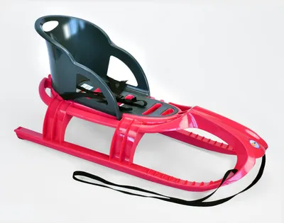 A pink and gray children's sled with safety straps, shown against a white background.