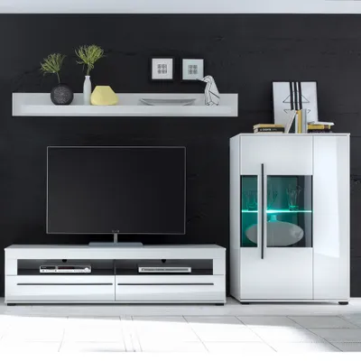 Produktbild von Wohnmöbel-Set in Hochglanz weiß COLORADO-61 TV-Lowboard und Highboard mit schwarzen Relinggriffen BxHxT: 285x170x47cm