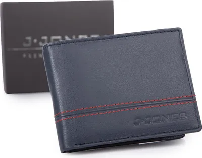 Zdjęcie produktu dla J Jones Portfel Męski Skórzany Mały Granatowy Elegancki Granatowy z czerwonym paskiem