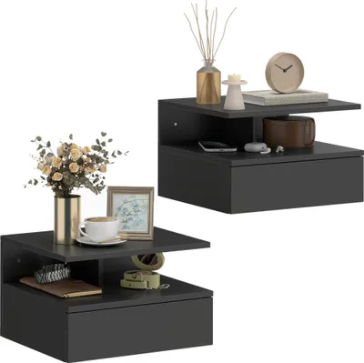 Image de Tables de chevet murales - Lot de 2 - Avec tiroir - Design suspendu - Bois - 35 x 32 x 22,5 cm - Noir