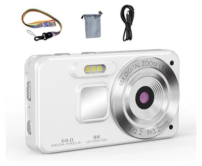 Produktbild von Digitalkamera 4K 64MP Autofokus Fotokamera, Kompaktkamera mit 2,8" Bildschirm, 18X Digitalzoom, 32GB Speicherkarte & 2000mAh Akku
