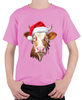 Produktbild von Weihnachtskuh Nikolausmütze Bauernhof Geschenk niedlich lustig Kinder T-Shirt, Pink, 152