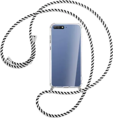 Produktbild von Handykette Backcover-Schutzhülle mit Band (Metall silberfarben) für Huawei Y6 2018 - schwarz/weiß gestreift