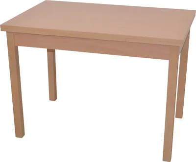 A light brown wooden table with four legs on a white background.