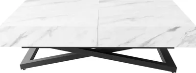 Produktbild von Couchtisch Höhenverstellbar und Ausziehbar Cavetta U in Marmoroptik Weiß - Wohnzimmertisch Esstisch Multifunktionstisch mit Schwarzem Metallgestell 120-200/80/27-76 cm - Marmor Weiß
