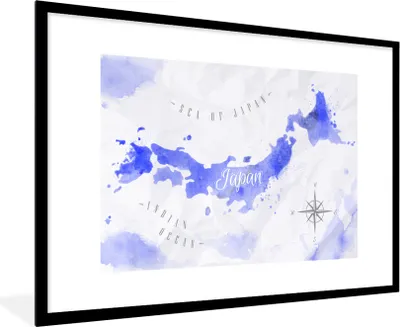 Produktbild von MuchoWow® MuchoWow® Gerahmtes Poster Aquarell - Weltkarte - Blau 90x60 cm - Poster mit zchwarzem Bilderrahmen - Wanddekoration - Fotos