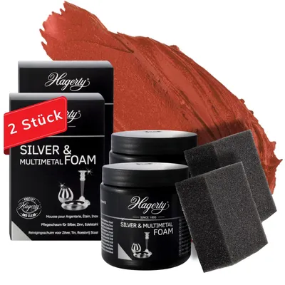 Produktbild von Hagerty 2x Silver & Multimetal Foam Schaumreiniger je 185g I Effektive Pflegepaste für Silber Metall Zinn Edelstahl Chrom I inkl. Schwamm