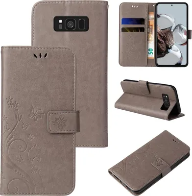 Multiple views of a gray floral butterfly flip phone case for a Samsung Galaxy S8.