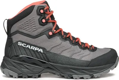 Multifunktionsschuhe für Damen; Modell "Rush TRK LT GTX Wmn" von Scarpa; in Grau mit roten Schnürsenkeln.