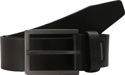 A black leather belt with a metal buckle.