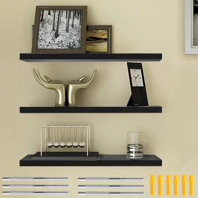 Image de Étagères murales noires, étagères suspendues, lot de 3, étagères murales pour livres, étagères suspendues, 40 x 15 cm, étagères en MDF, décoration murale, rangement mural pour la cuisine, la chambre à coucher, le salon