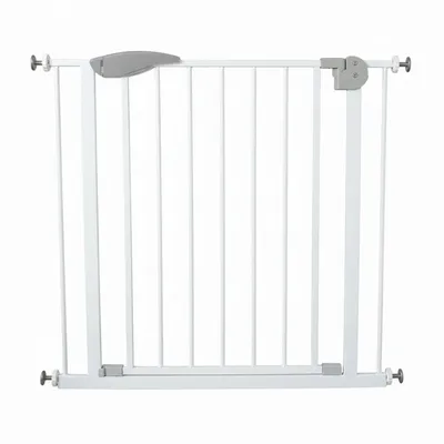 A white metal baby gate with gray accents, shown against a white background.
