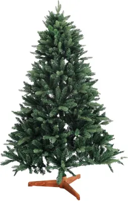 A green artificial Christmas tree on a white background.