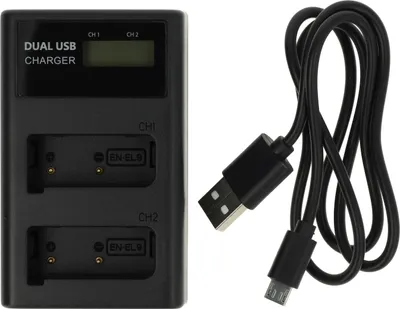 Produktbild von vhbw Dual USB Ladegerät kompatibel mit Nikon D3000, D40, D40A, D40x, D40C, D5000, D60 Kamera/Akku - Ladeschale + Micro-USB-Kabel mit Display