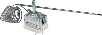 A close-up of a temperature control thermostat with a coiled wire and a long metal probe, set against a white background.