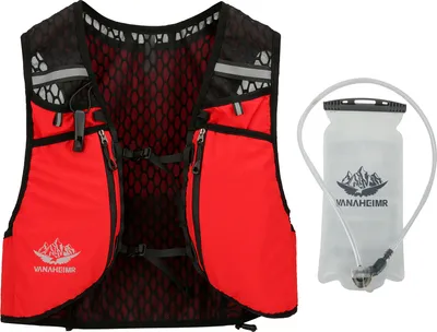 Produktbild von Vanaheimr Trinkweste mit Taschen, verstellbare Träger, Unisex, Laufweste, Wanderweste, Fahrradweste, Rot, Mit 2L Wasserbeutel