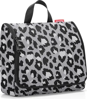 A leopard print toiletry bag.